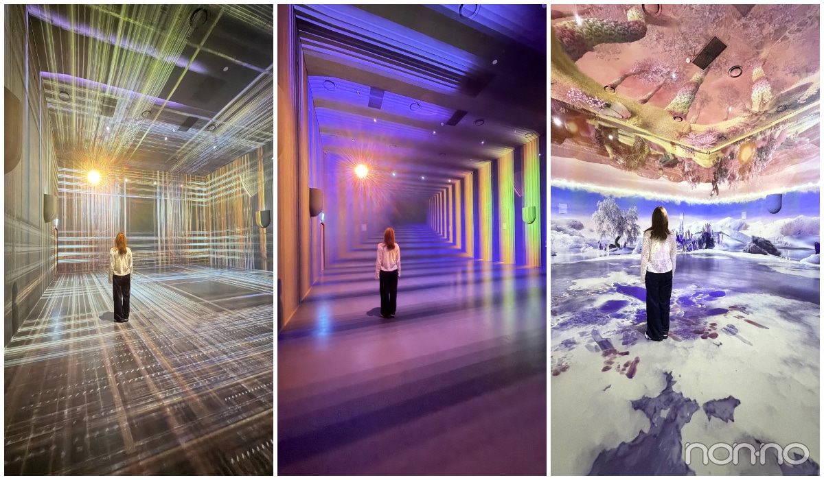 夏のアート施設LeSpaceの360度アート空間を見ている女性