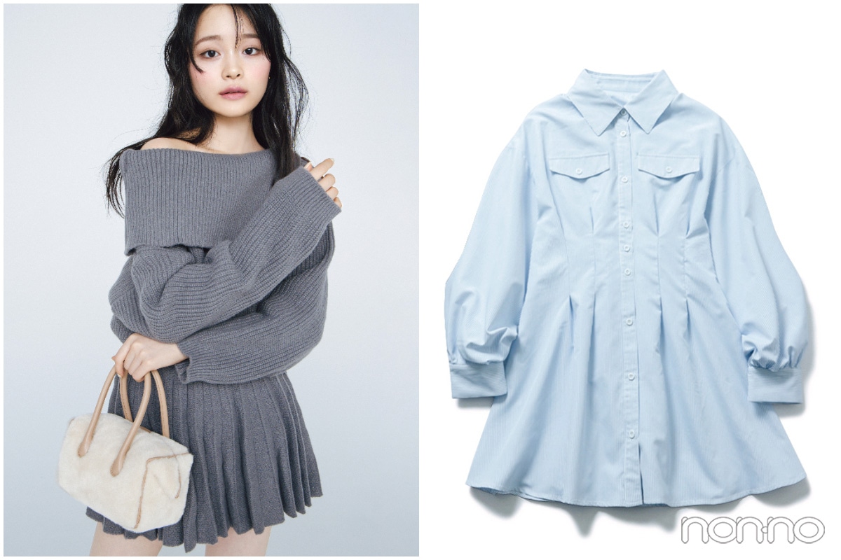 ミニニットワンピを着た女性とシャツミニワンピ