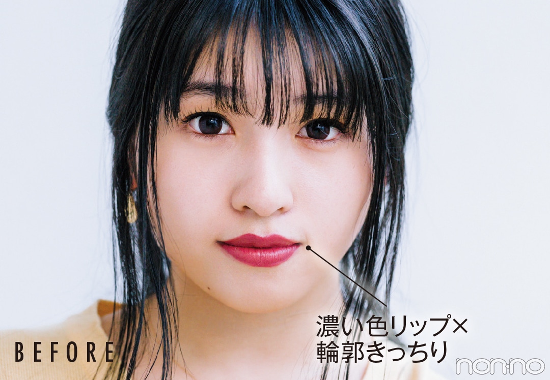濃い色リップ×輪郭きっちり