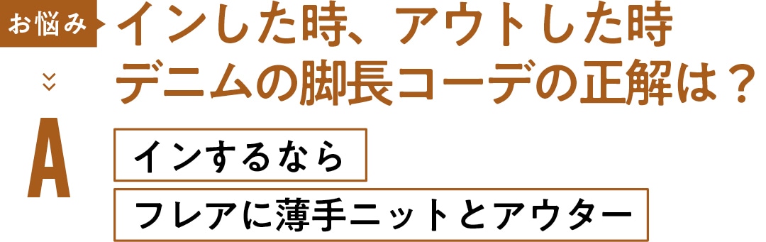 お悩み インした時、アウトした時 デニムの脚長コーデの正解は？ Aインするなら フレアに薄手ニットとアウター