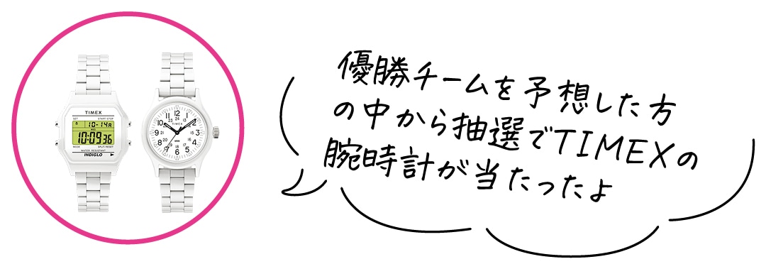 優勝チームを予想した方の中から抽選でTIMEXの腕時計が当たったよ