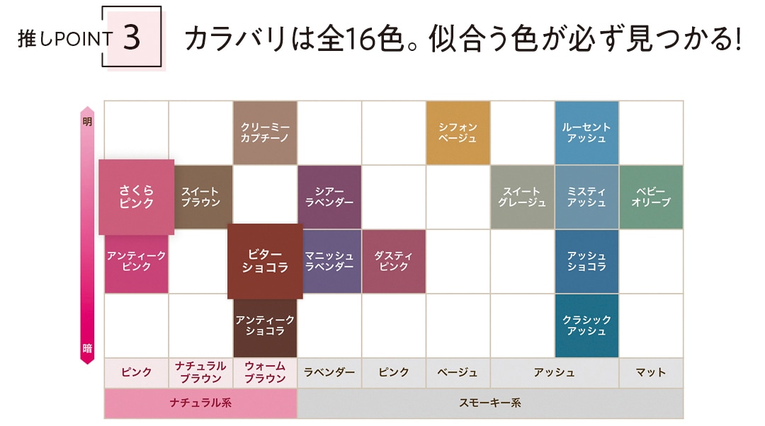 推しPOINT3　カラバリは全16色。似合う色が必ず見つかる！