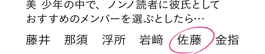 美 少年の中で、ノンノ読者に彼氏として おすすめのメンバーを選ぶとしたら… 藤井　那須　浮所　岩﨑　◯佐藤　金指