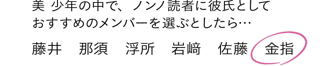 美 少年の中で、ノンノ読者に彼氏として おすすめのメンバーを選ぶとしたら… 藤井　那須　浮所　岩﨑　佐藤　◯金指