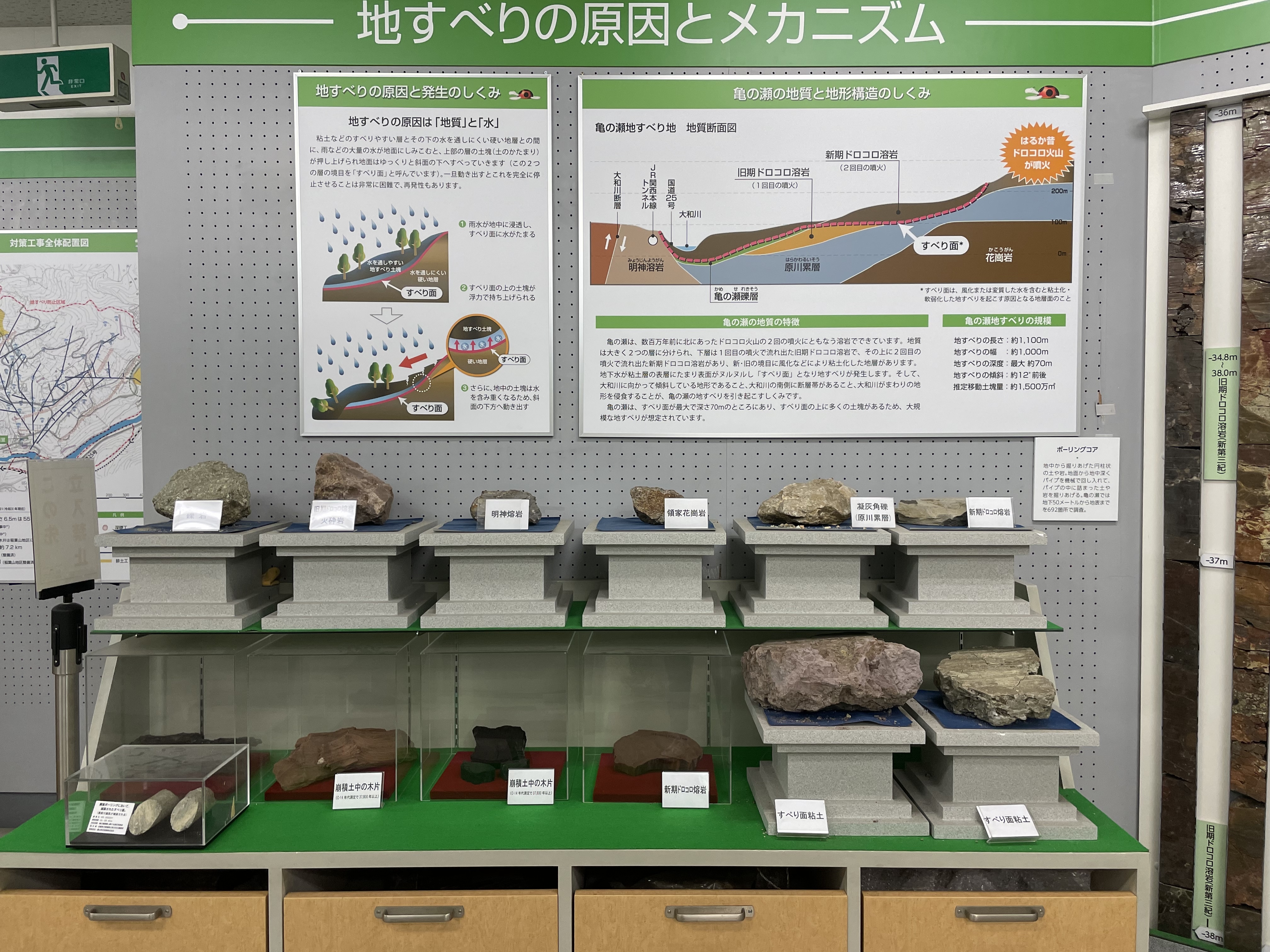 亀の瀬 地すべり資料館 展示物 土壌や岩石のサンプル
