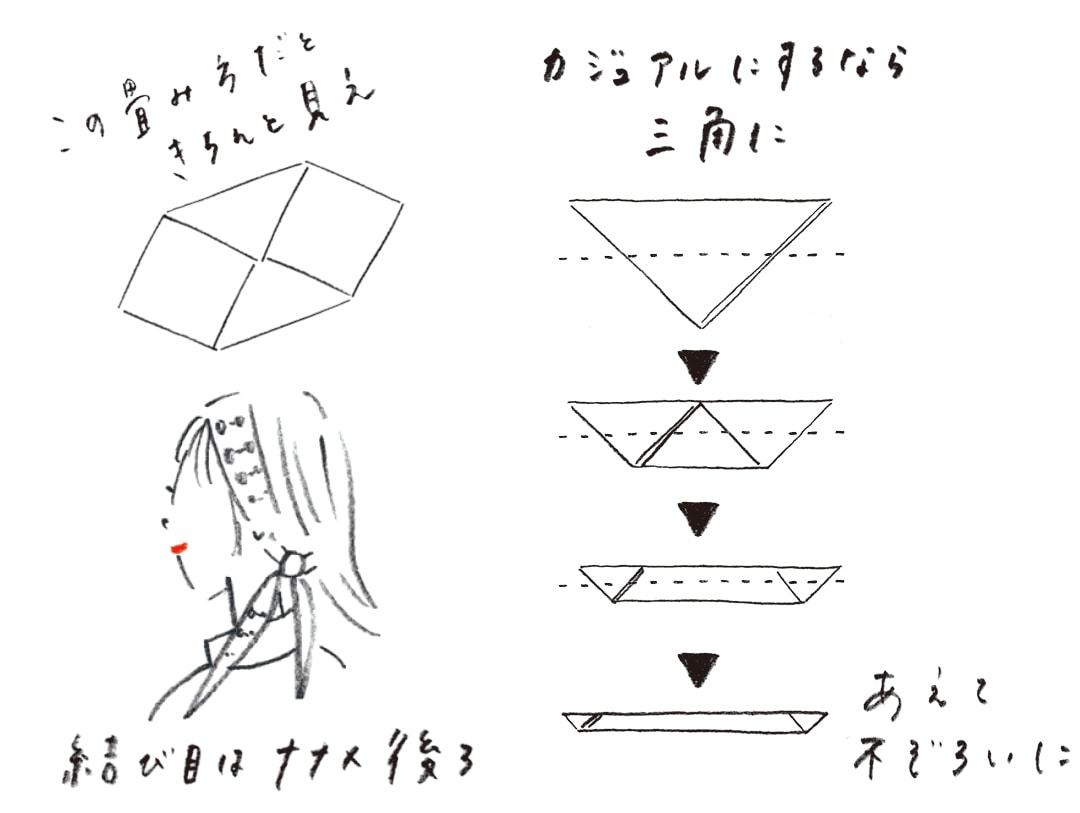 この畳み方だときちんと見え　結び目はナナメ後ろ　カジュアルにするなら三角に　あえて不ぞろいに　