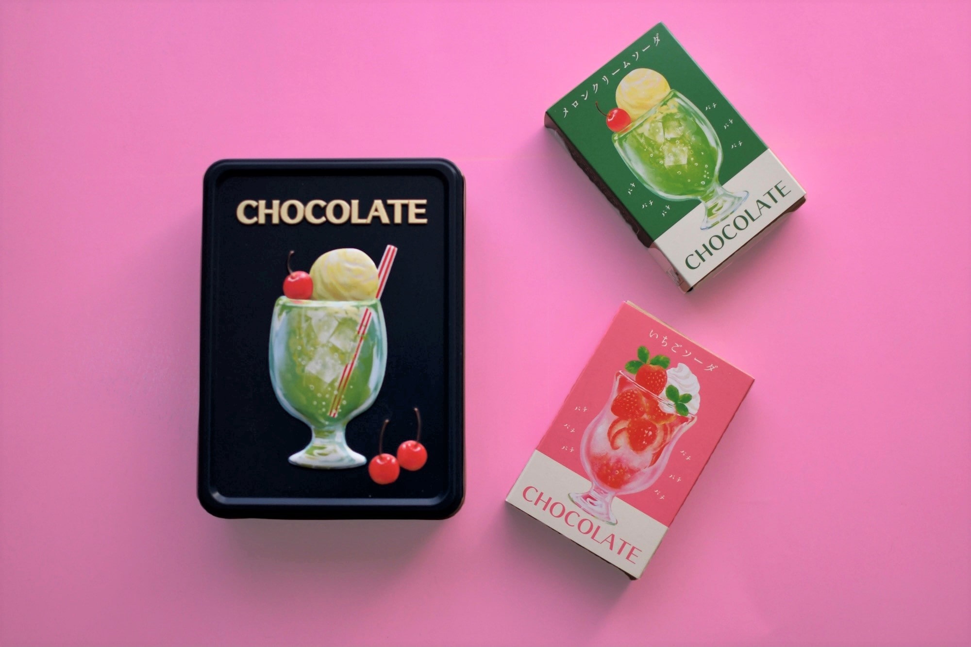 【メリーチョコレート】の「はじけるキャンディチョコレート 」アソートメント缶＆メロンクリームソーダ味＆いちごソーダ味