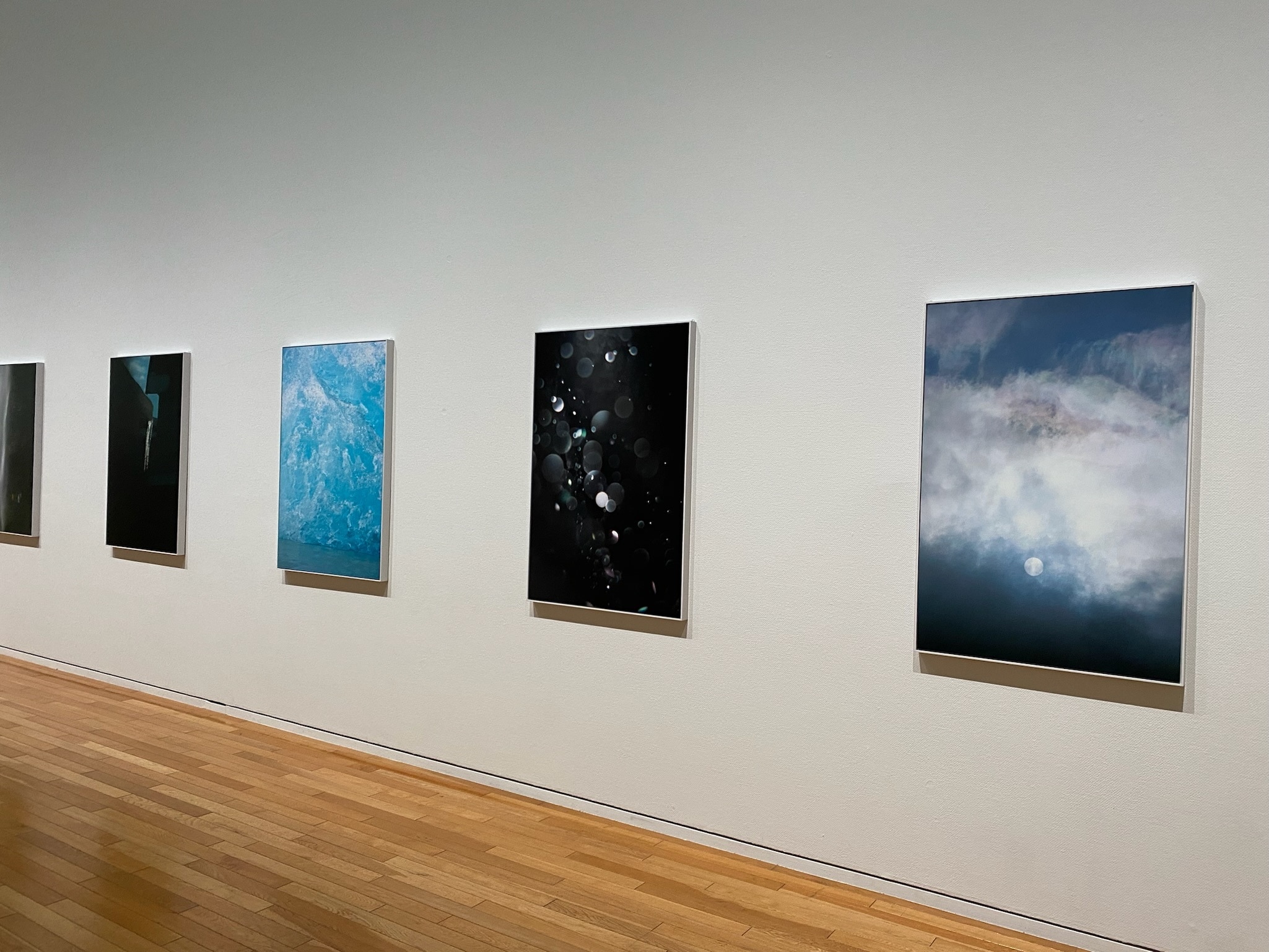 東京オペラシティ アートギャラリーで開催されている、写真家・川内倫子さんの写真展「M/E 球体の上  無限の連なり」の様子。光を映し出した５枚の写真が並んでいます。