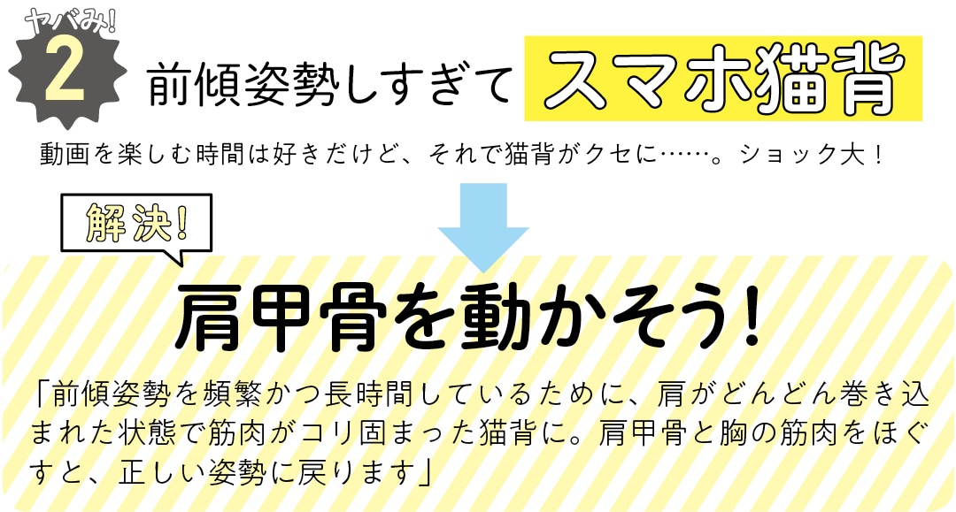 ヤバみ!２ 前傾姿勢しすぎてスマホ猫背　動画を楽しむ時間は好きだけど、それで猫背がクセに……。ショック大！　解決！肩甲骨を動かそう！　 「前傾姿勢を頻繁かつ長時間しているために、肩がどんどん巻き込まれた状態で筋肉がコリ固まった猫背に。肩甲骨と胸の筋肉をほぐすと、正しい姿勢に戻ります」