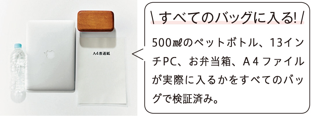 500mlのペットボトル、13インチPC、お弁当箱、A4ファイル