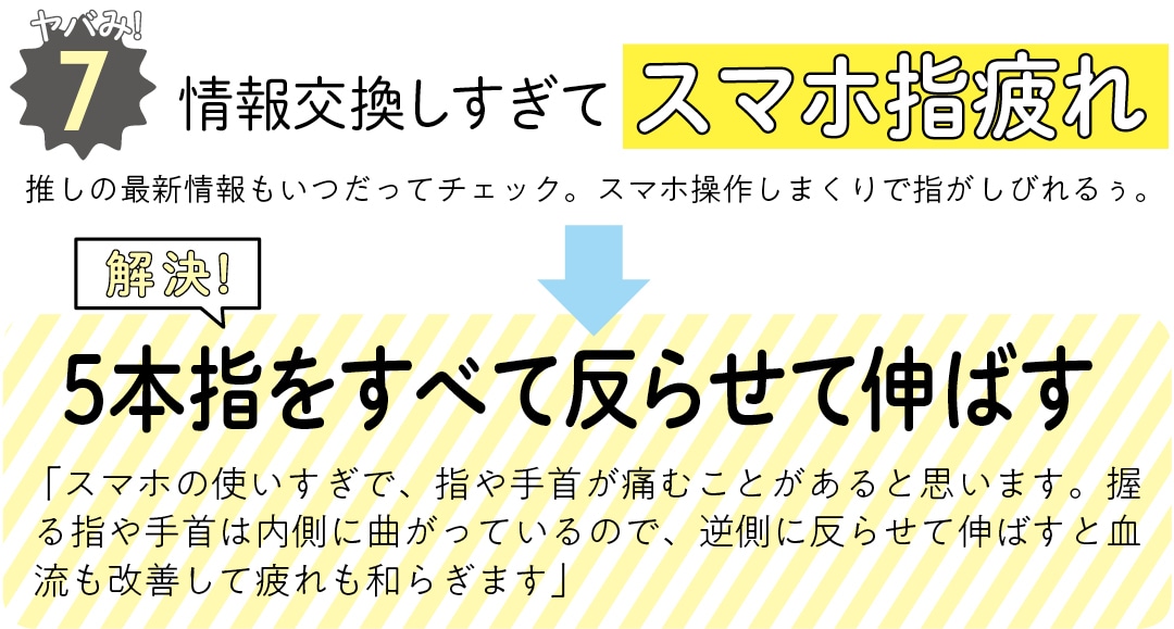 ヤバみ!7　情報交換しすぎてスマホ指疲れ　推しの最新情報もいつだってチェック。スマホ操作しまくりで指がしびれるぅ。　解決！　5本指をすべて反らせて伸ばす　 「スマホの使いすぎで、指や手首が痛むことがあると思います。握る指や手首は内側に曲がっているので、逆側に反らせて伸ばすと血流も改善して疲れも和らぎます」