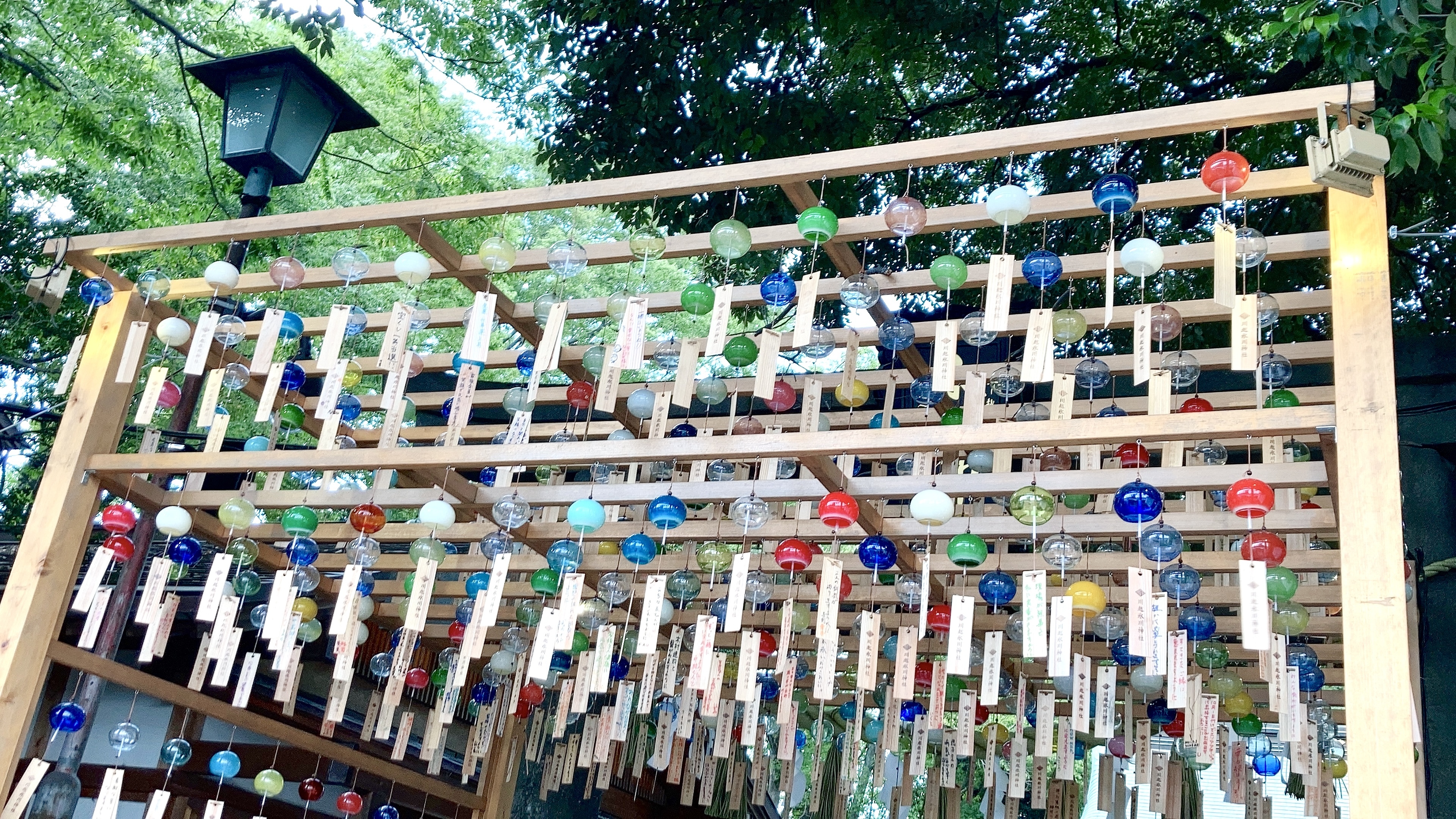 木棚に風鈴が並ぶ。