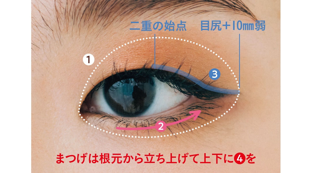 二重の視点　目尻+10mm弱 まつげは根本から立ち上げて上下に④を