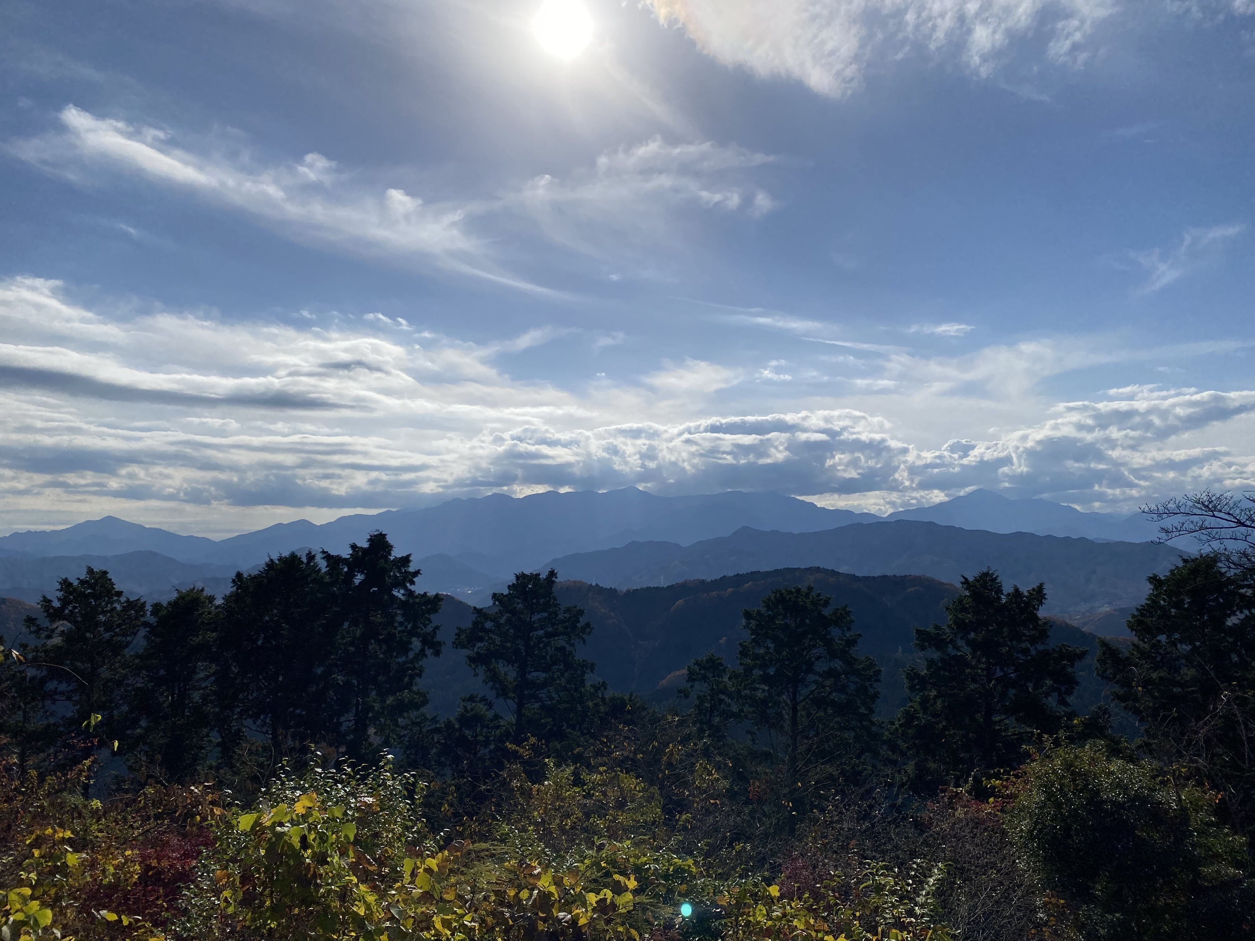 紅葉が綺麗な11月に、高尾山の中腹から撮った景色です。青い空の下に、青々とした緑が広がっています。向かい側には周りの山々も見えます。