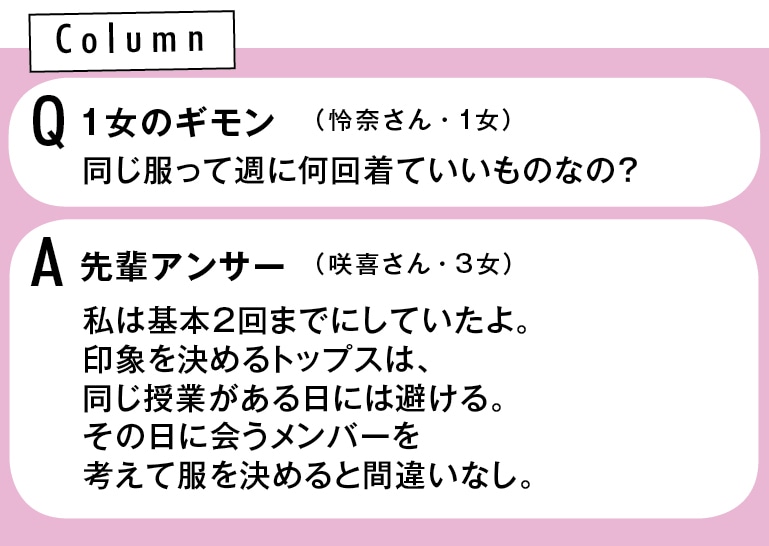 Column Q1同じ服って週に何回着ていいものなの？（怜奈さん・1女） A先輩アンサー 私は基本2回までにしていたよ。印象を決めるトップスは、同じ授業がある日には避ける。その日に会うメンバーを考えて服を決めると間違いなし。（みずきさん・3女）