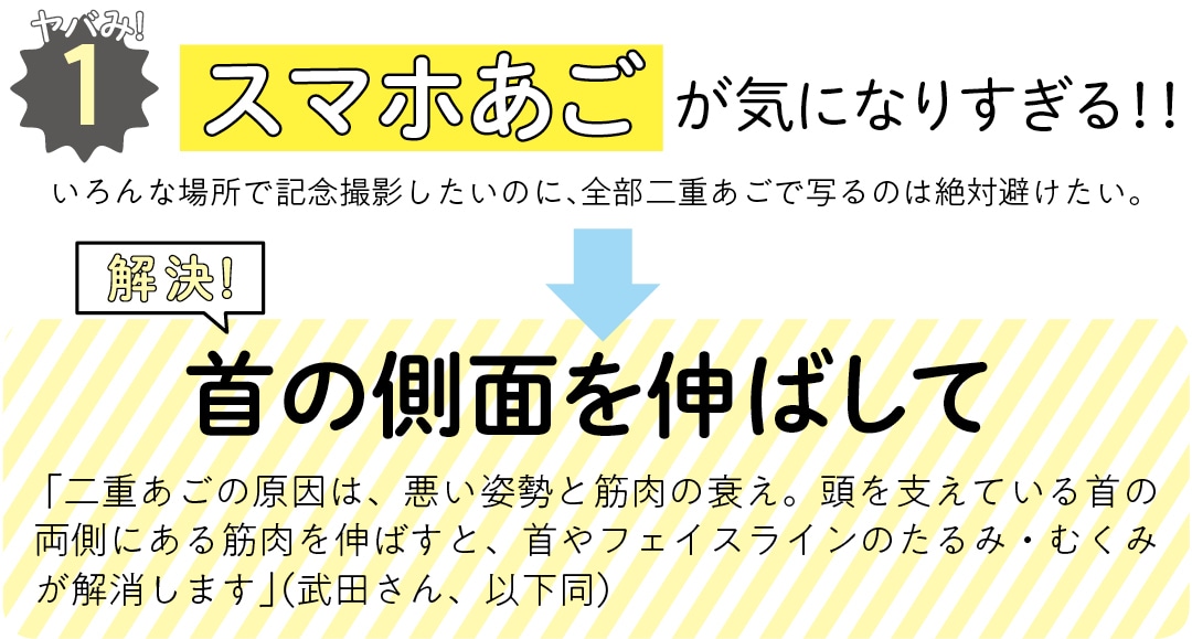 ヤバみ!1 スマホあごが気になりすぎる！！　いろんな場所で記念撮影したいのに、全部二重あごで写るのは絶対避けたい。　解決！　首の側面を伸ばして　 「二重あごの原因は、悪い姿勢と筋肉の衰え。頭を支えている首の両側にある筋肉を伸ばすと、首やフェイスラインのたるみ・むくみが解消します」（武田さん、以下同）