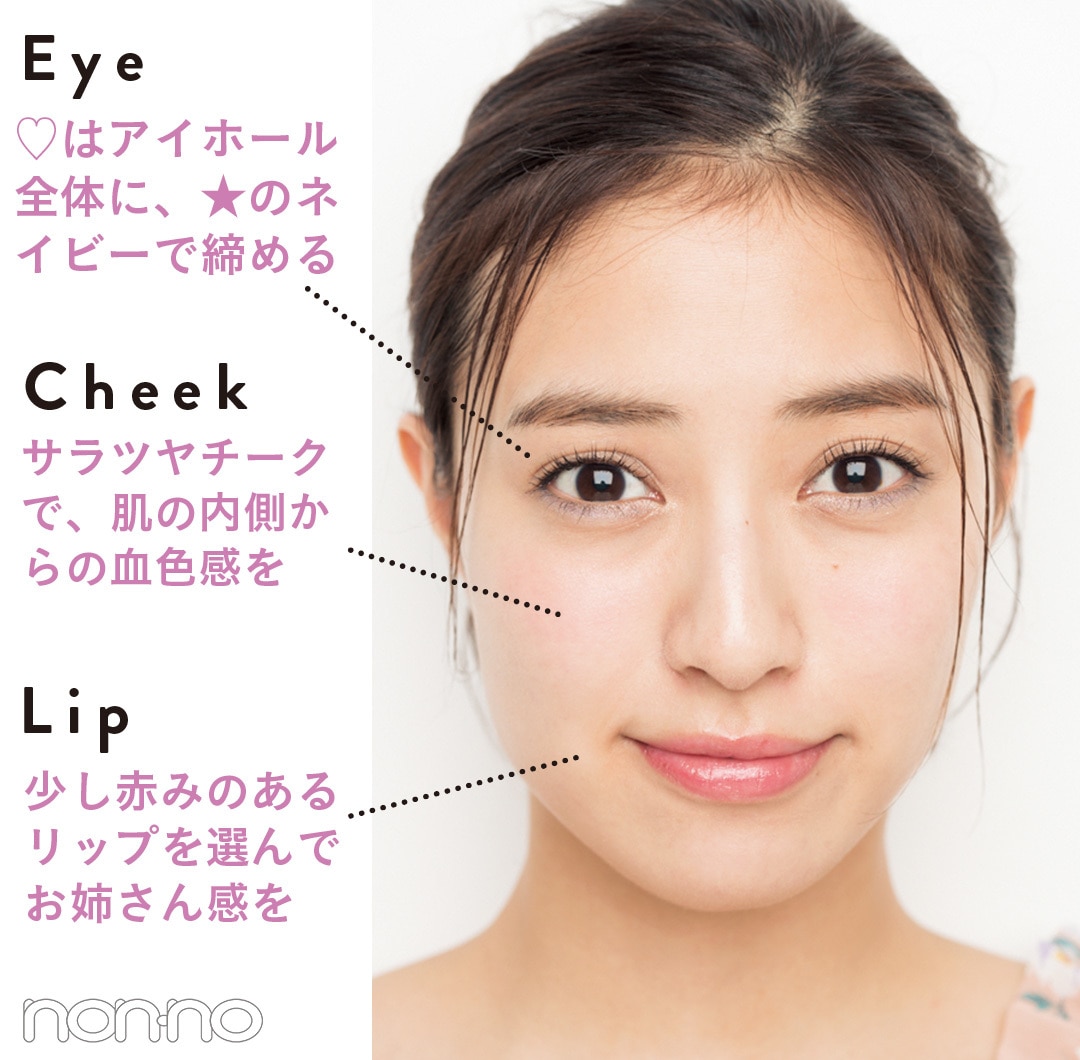 Eye：♡はアイホール全体に、★のネイビーで締める Cheek:サラツヤチークで、肌の内側からの血色感を Lip:少し赤みのあるリップを選んでお姉さん感を