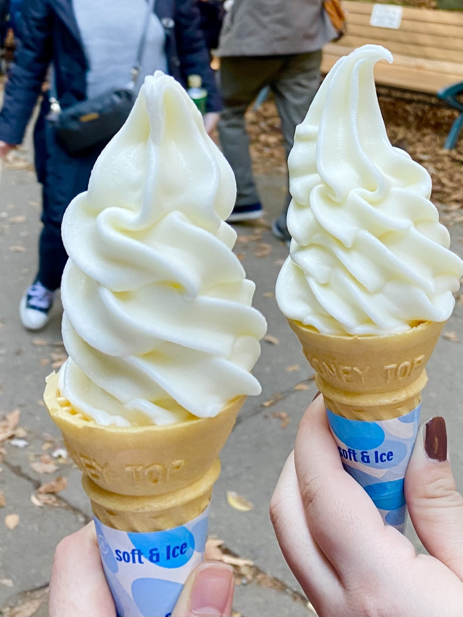 紅葉が綺麗な11月に、東京都八王子市にある高尾山に登山しに行った際に撮った写真です。1号ルートの途中にあったご飯屋さんのソフトクリームが写っています。真っ白いソフトクリームが薄茶色のコーンの上に乗っています。