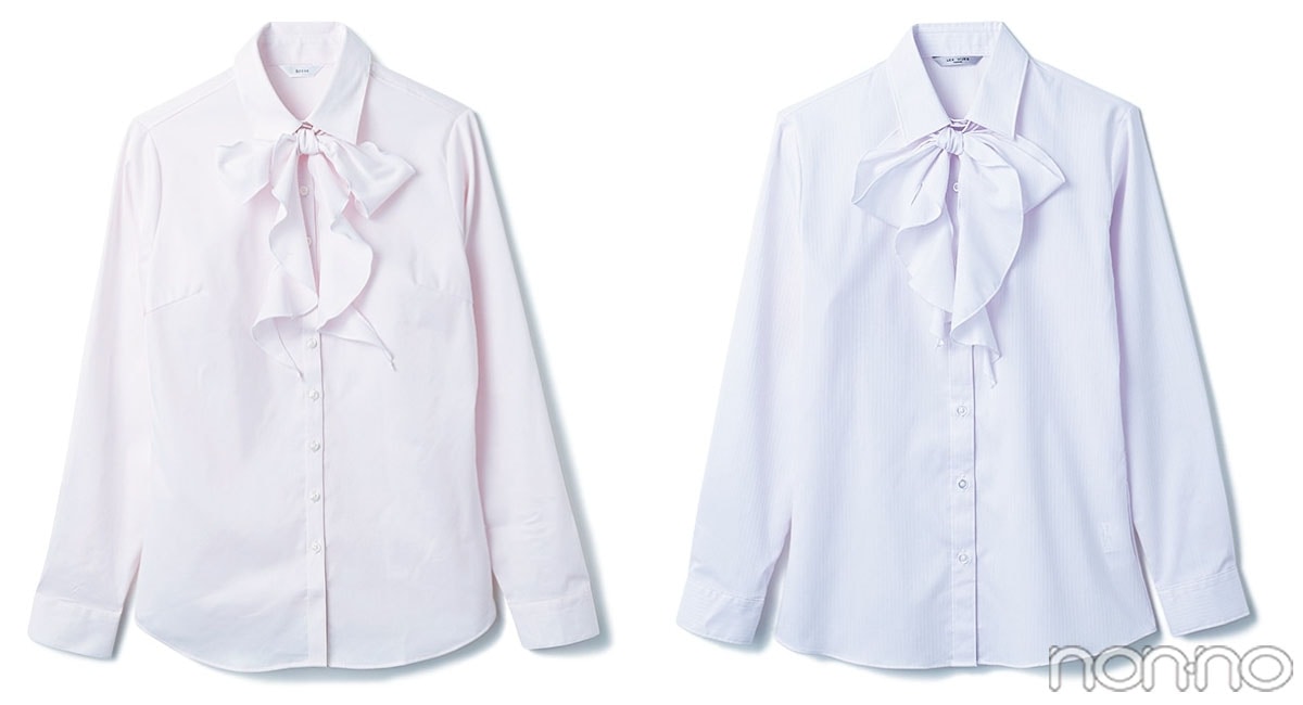 大学入学式の女性のスーツにおすすめのピンクのボウタイブラウス　洋服の青山（&ress）とAOKI