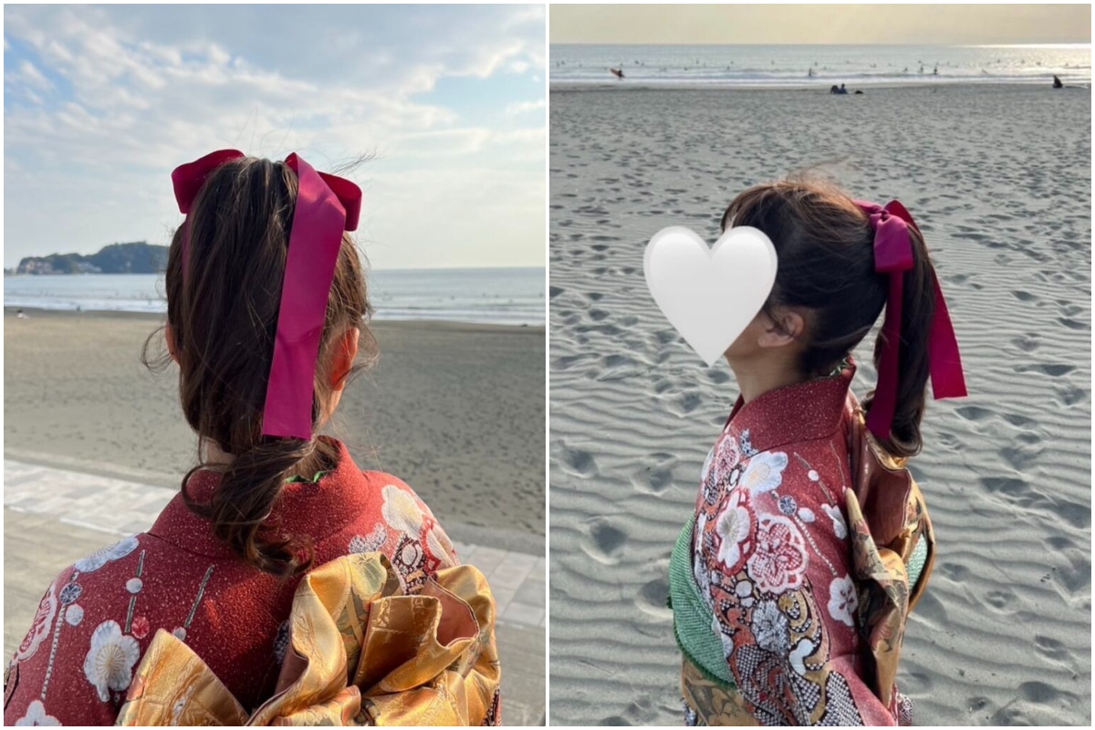 大学生の成人式ロングヘアアレンジ　リボンを使った高めポニーテールの後ろ姿と横顔