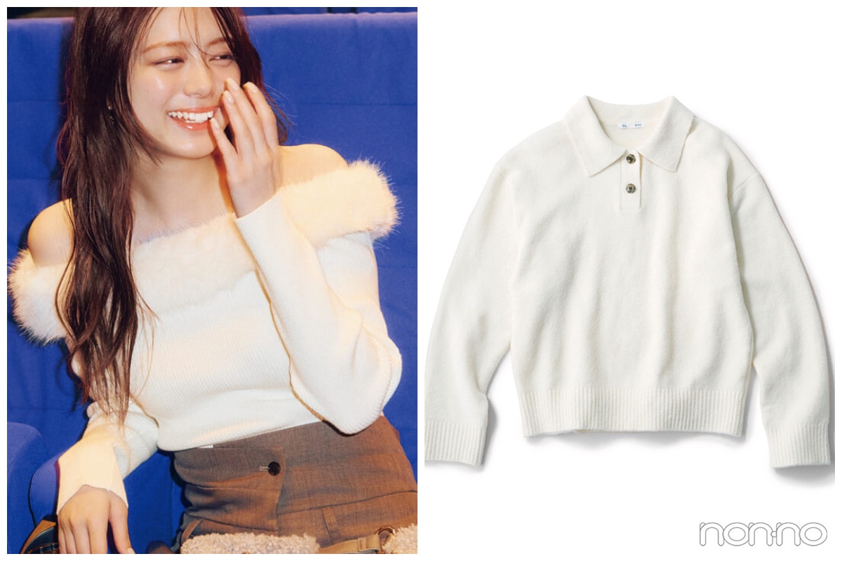 最新白ニットと、オフショル白ニットを着た女性