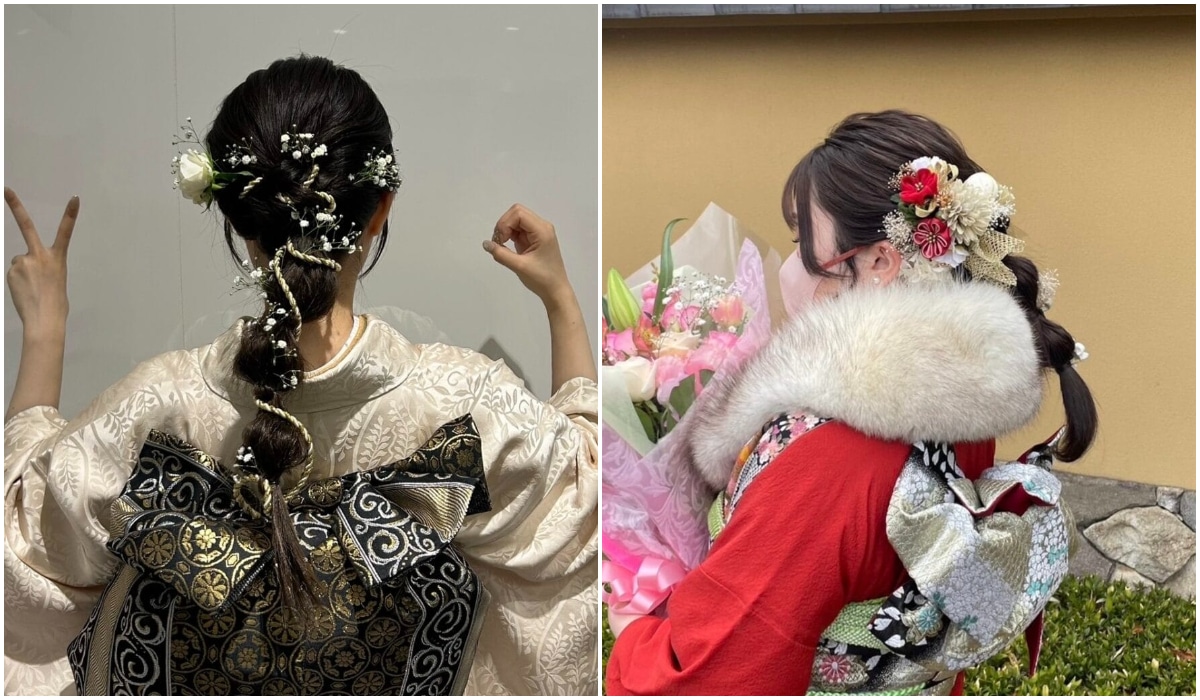 大学生の成人式ロングヘアアレンジ　玉ねぎヘアの髪型をした白い振袖の女性と赤い振袖の女性