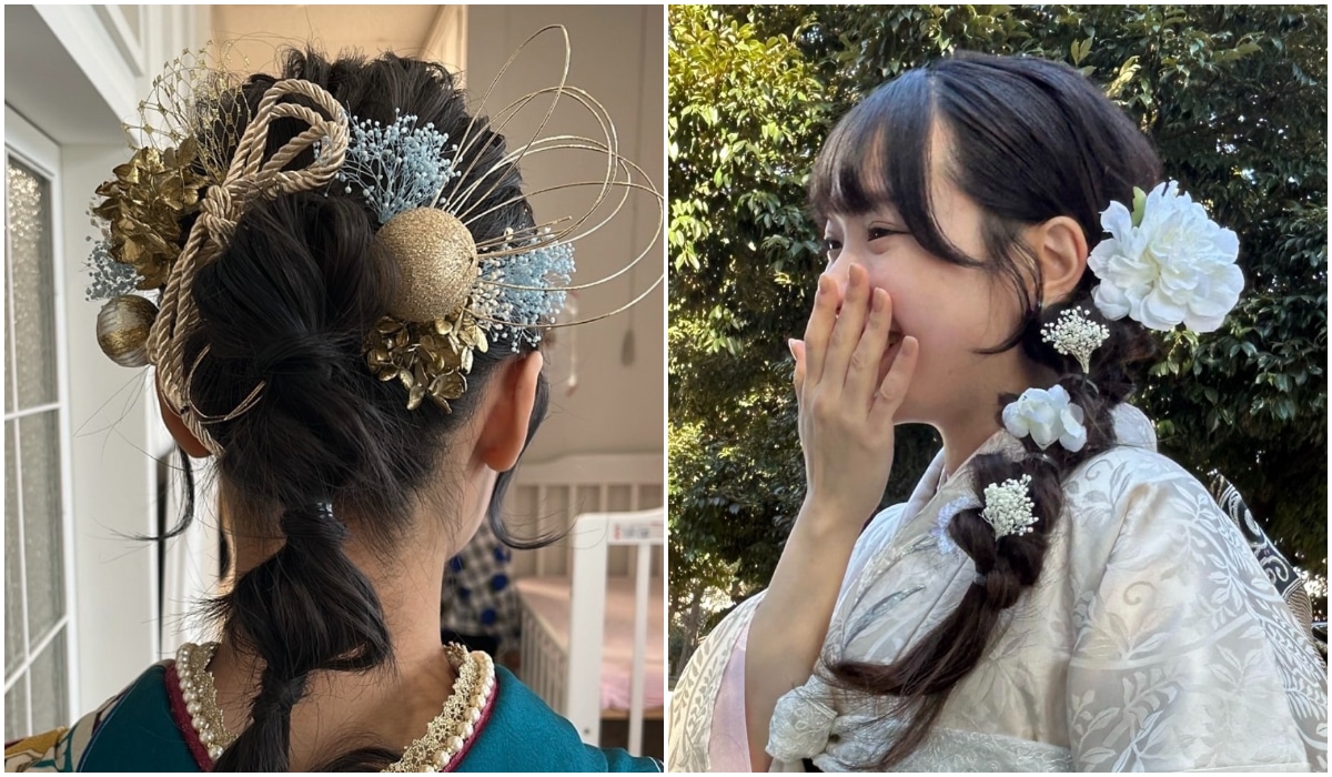 大学生の成人式ロングヘアアレンジ　玉ねぎヘアの髪型をした白い髪飾りをつけた女性と水引をつけた女性