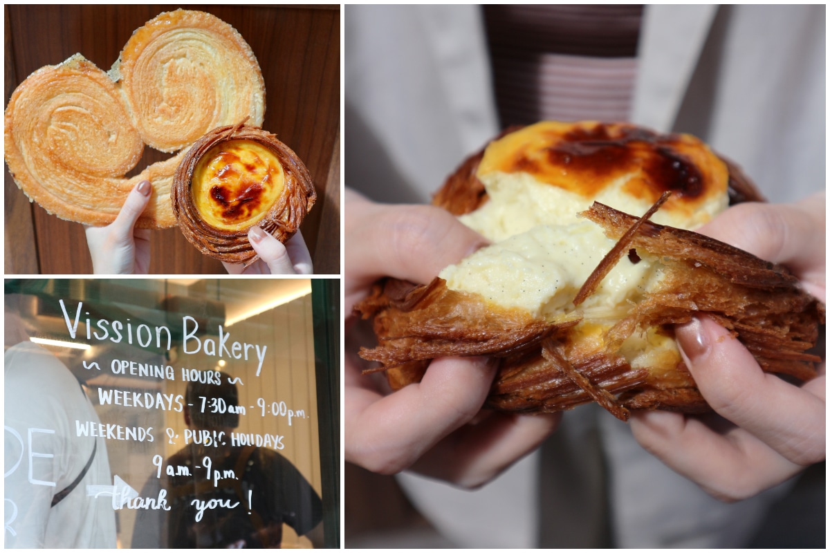 香港『Vission Bakery』の看板と手でちぎっているバニラフラン